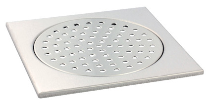 Metallisk golvbrunnssil med rund perforerad yta och fyrkantig ram.