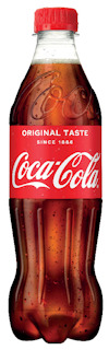 Coca-Cola-flaska med röd etikett, texten "Coca-Cola", "Original Taste", "Since 1886". Röd skruvkork.