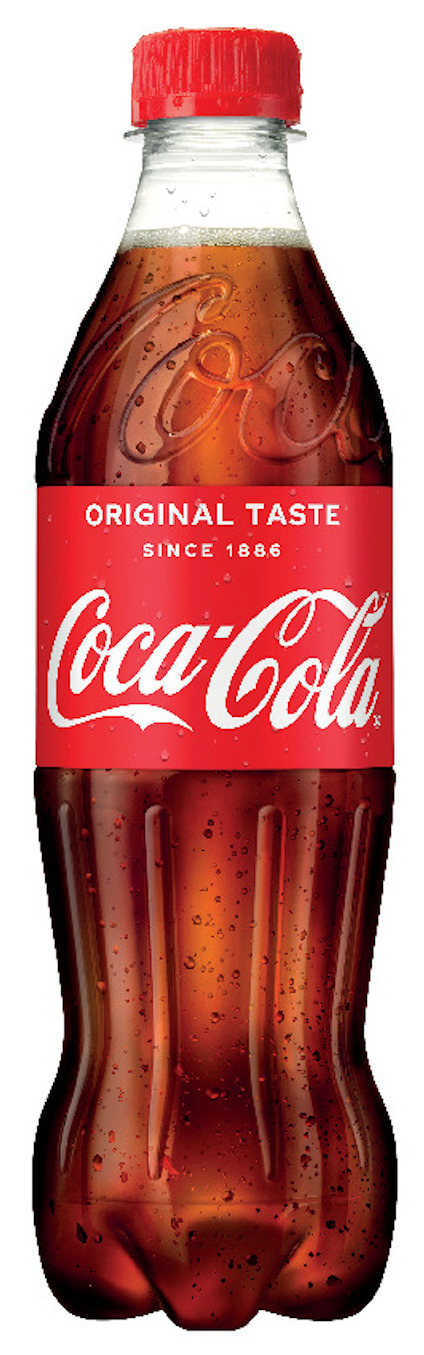 Coca-Cola-flaska med röd etikett, texten "Coca-Cola", "Original Taste", "Since 1886". Röd skruvkork.