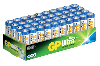 40-pack GP Ultra Plus AA-batterier i en kartong med grön och blå design.