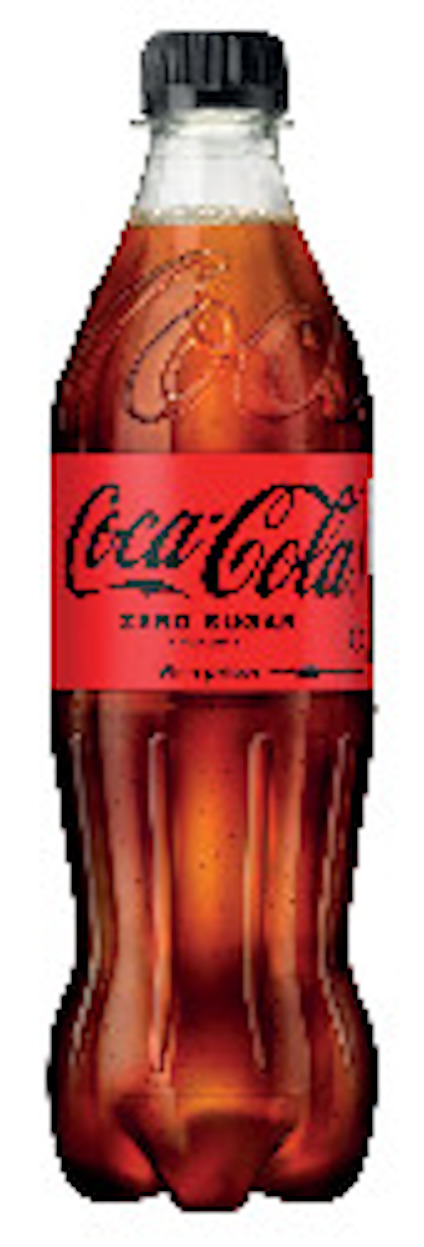 Plastflaska med Coca-Cola Zero Sugar med röd etikett och svart kork. Text: "Vinn priser".