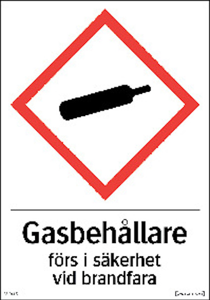 Gasbehållare-symbol i röd kantad diamant och texten "Gasbehållare förs i säkerhet vid brandfara".