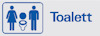 Skylt med blå symboler för dam, herr och barn samt texten "Toalett" i blått.