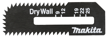 Svart sågblad med vit text "Dry Wall" och "Makita". Tänder på ena sidan och markerade skåror.