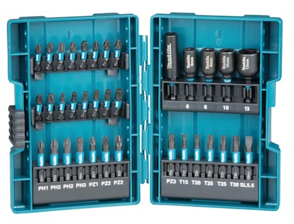 Öppet verktygsfodral med olika bits och hylsor organiserade i fack. Text: PH, PZ, T, SL, med storlekar från PH1 till SL5.5.