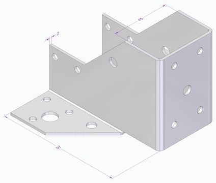 3D-ritning av vinkelbeslag med flera hål och dimensioner markerade som 45 och 67.