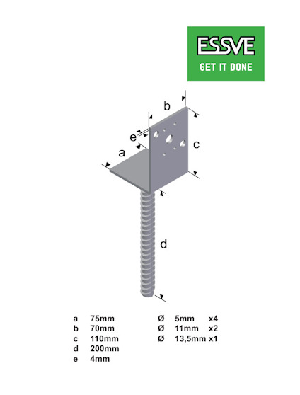 ESSVE-förankringsbeslag med hålmått och måttangivelser: a 75mm, b 70mm, c 110mm, d 200mm, e 40mm.