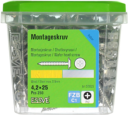 Transparent plastlåda med 250 montageskruvar, storlek 4,2 x 25 mm, från märket ESSVE.