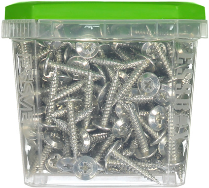 Genomskinlig plastlåda med metallskruvar och grönt lock.