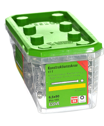 Förpackning med 100 ESSVE konstruktionsskruvar ET-T, 6,5x90, grön lock. Art 118102.
