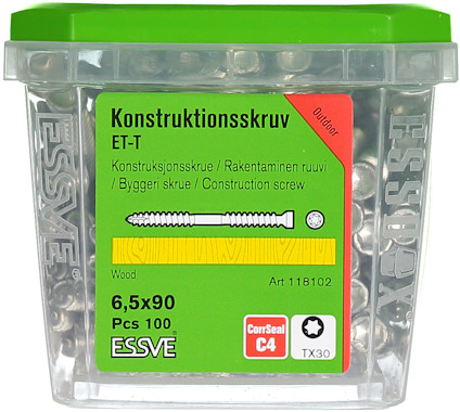 Skruvförpackning med 100 st konstruktionsskruvar, 6,5x90 mm, från ESSVE. Grön lock, orange etikett med information.