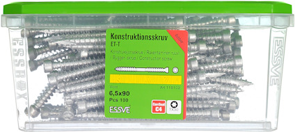 Plastlåda med 100 ESSVE konstruktionsskruvar ET-T, 6,5x90 mm, etikett med flera språk och artikelnummer 118102.