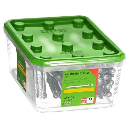 Förpackning med ESSVE konstruktionsskruvar, 6,5x100 mm, 100 delar, grön lock, text på etikett inkluderar rostskyddsklass C4.
