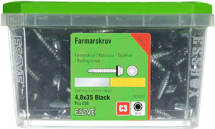 Förpackning med farmarskruv, 4,8x35 mm, svart, 250 st. Märkt "ESSVE", grönt lock.
