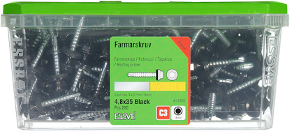 Låda med svarta farmerskruvar 4,8x35 mm, 250 stycken, varumärke Essve, med grön etikett med produktinformation.