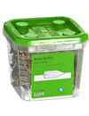 Plastbehållare med grönt lock innehållande gipsankare. Etiketttext: "Arrow Anchor excl. Screw, Pcs 100".