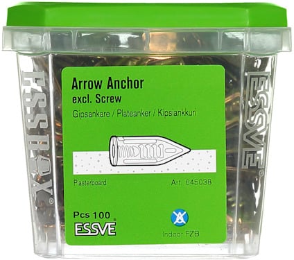 Plastbehållare med grönt lock innehållande "Arrow Anchor excl. Screw, Pcs 100, Art. 645038" för gipsskivor.