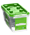 Transparent plastlåda med grönt lock innehållande 100 gipsskivpluggar, märkt "Plasterboard Anchor ESVE TP12".