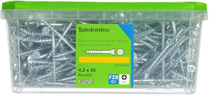 En plastbehållare med etikett för spånskiveskruv, 4,2 x 55, innehåll 500 st, tillverkare ESSVE.