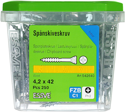 Plastförpackning med spånskiveskruv från Essve, märkning 4,2 x 42, 250 st.