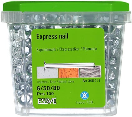 Behållare med etikett för "Express nail" innehållande 100 st expanderande spikar för betong, tegel och natursten. Art 305211.