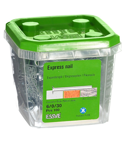 Plastlåda med grönt lock innehållande 100 expanderspik för betong och tegel, märkta "Express nail" från ESSVE.