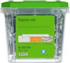 Transparent plastburk med grönt lock och etikett. Text: "Express nail 6/30/60, Pcs 100, Art 305209, ESSVE".
