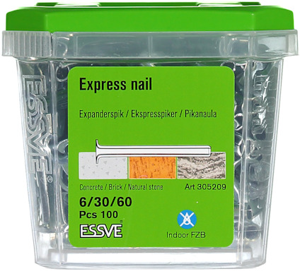 Transparent plastburk med grönt lock och etikett. Text: "Express nail 6/30/60, Pcs 100, Art 305209, ESSVE".
