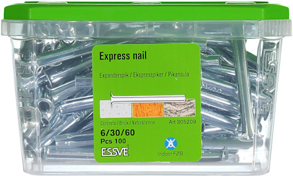 Plastbehållare med 100 stycken expressspik från Essve, artikelnummer 305209.