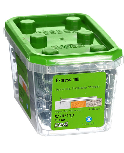 Transparent plastlåda med grönt lock innehållande 50 expander-spik för betong/tegel/natursten, märkning: Essve Art 305217.