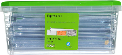 Transparent plastlåda med grönt lock, innehållande ESSVE Expansionsspikar, 8x110/150 mm, 50 st. Art.nr: 906215.