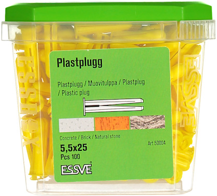 Plastplugg i genomskinlig plastbehållare med grön etikett, 100 st, 5,5x25 för betong, tegel, natursten.