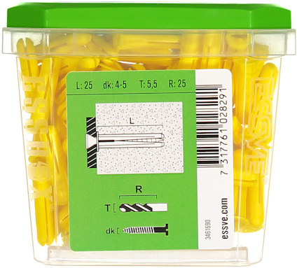 Transparent burk med gula plastpluggar, etikett med specifikationer: L: 25, dk: 4-5, T: 5,5, R: 25, ESSVE logotyp.