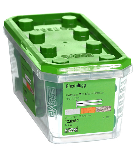 Behållare med grönt lock innehållande plastpluggar, etikett märkt "ESSVE Plastplugg 12,0x60".