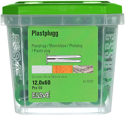 Plastlåda med grönt lock innehållande gröna plastpluggar för betong, tegel, natursten. Text: "Plastplugg, 12,0x60, 50 st."