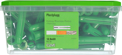 Plastplugg i en genomskinlig låda med grön lock, etikett visar texten "Plastplugg" och "ESSVE".