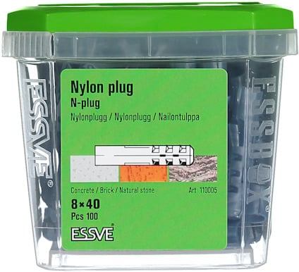 Förpackning med nylonplugg av märket ESSVE, storlek 8x40 mm, innehållande 100 st. Passar betong, tegel och natursten. Art. 110005.