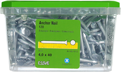 Förpackning med ankarskruvar, 4,0 x 40 mm, grönt lock, märkt ESSVE, Art nr: 851612.
