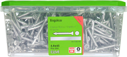 Plastlåda med 250 vingbrickor, 4,8x45 mm, från Esve. Grön etikett med artikelnumret 5365145.