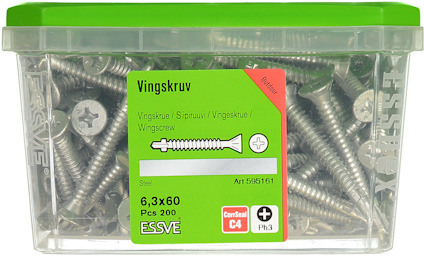 Grön plastlåda med 200 stålvingskruvar 6,3x60 mm från ESSVE, artikelnummer 595161.