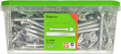 Transparent plastlåda med spårskruvar och grönt lock, etikett med text: "Vingskruv 6,3x60 PCS 200 ESVE".