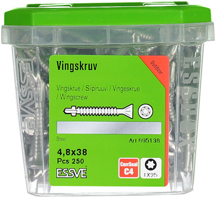 Förpackning med 250 vingskruvar, 4,8x38 mm, från Essve. Grön etikett med artikelnummer 695138 och CorSeal C4-märkning.