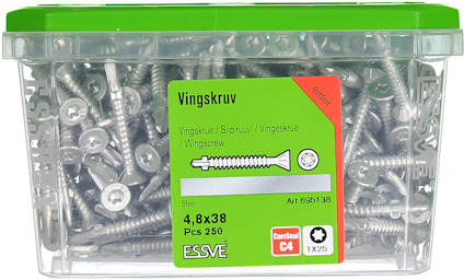 Plastlåda med 250 zinkbelagda vingskruvar, mått 4,8x38 mm, från ESSVE. Etikett och logotyp synliga.