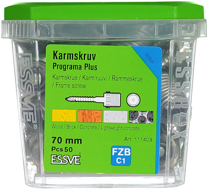 Förpackning med karmsskruv, märkt "ESSVE Progam Plus", innehållande 50 st skruvar, 70 mm, för trä, tegel och betong.