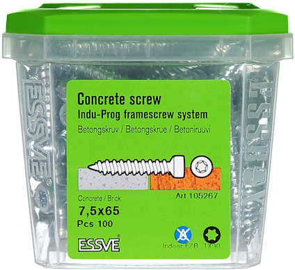 Förpackning med betongskruv, 7,5x65 mm, 100 stycken. Essve, Indu-Prog framescrew system.