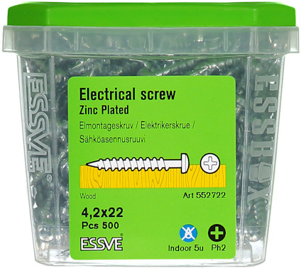 Förpackning med 500 elskruvar, dimension 4,2x22 mm, med zinkbeläggning. Märkt Essve, med symboler för trä och inomhusbruk.