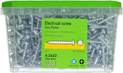 Plastlåda med 500 elmontageskruvar, förzinkade, 4,2x22 mm. Märkt ESSVE, artikelnummer 552772.