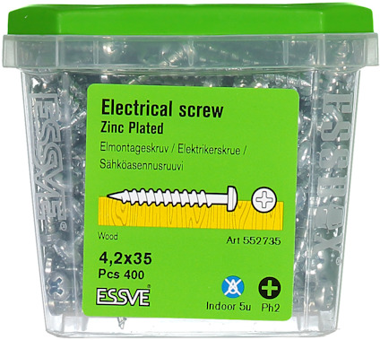 Förpackning med elektriska skruvar, 4,2x35 mm, 400 st. Text: "Electrical screw", artikelnummer 552735.