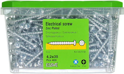 Plastlåda med 400 elmontageskruvar, 4,2x35 mm, förzinkade. Grönt lock och etikett med text på flera språk.