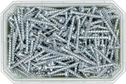 En genomskinlig plastlåda fylld med silverfärgade skruvar.